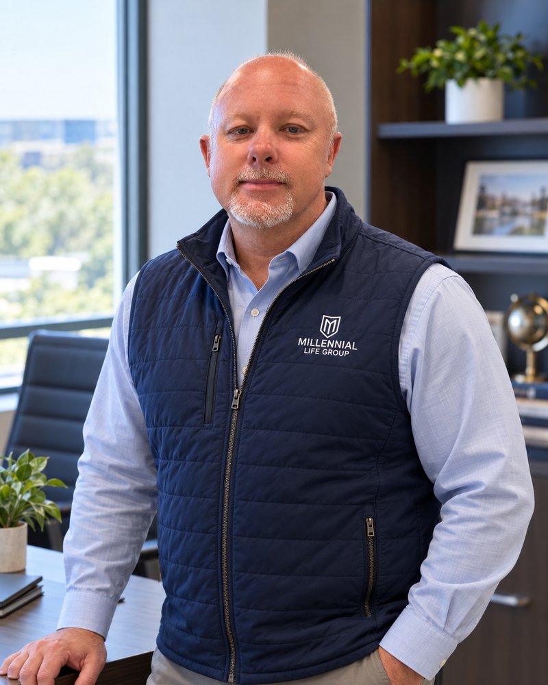 James Michael Kaufer standing in an office in a navy Millennial Life Group vest