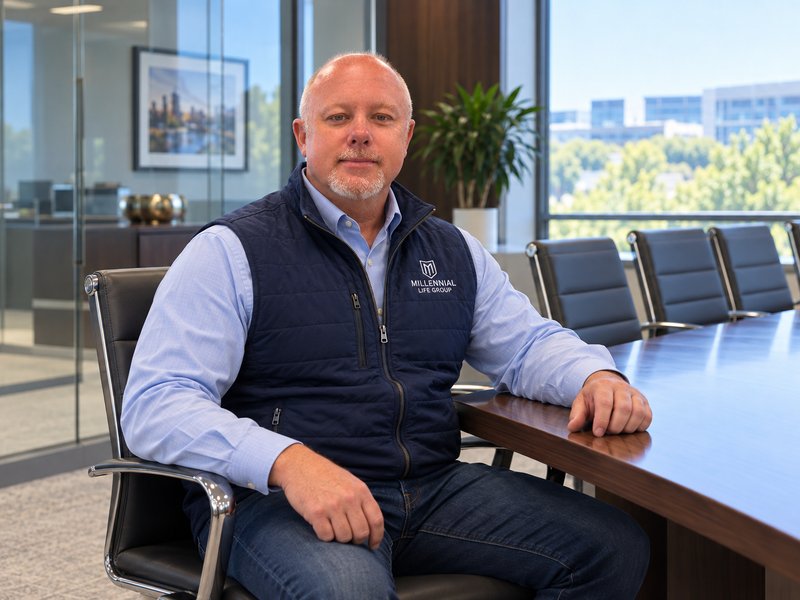James Michael Kaufer in a navy Millennial Life Group vest, seated at a conference table