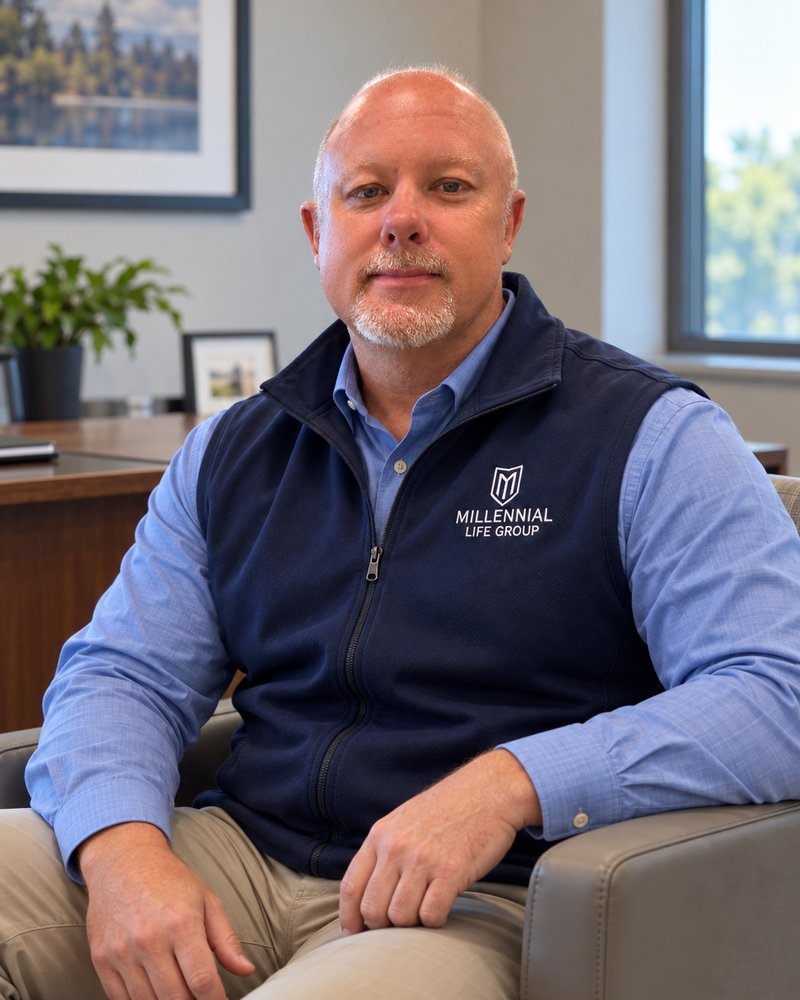 James Michael Kaufer seated in an office armchair in a navy Millennial Life Group vest
